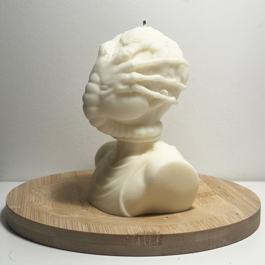 Xenomorph-inspired Facehugger candle styled on a bookshelf for collectors