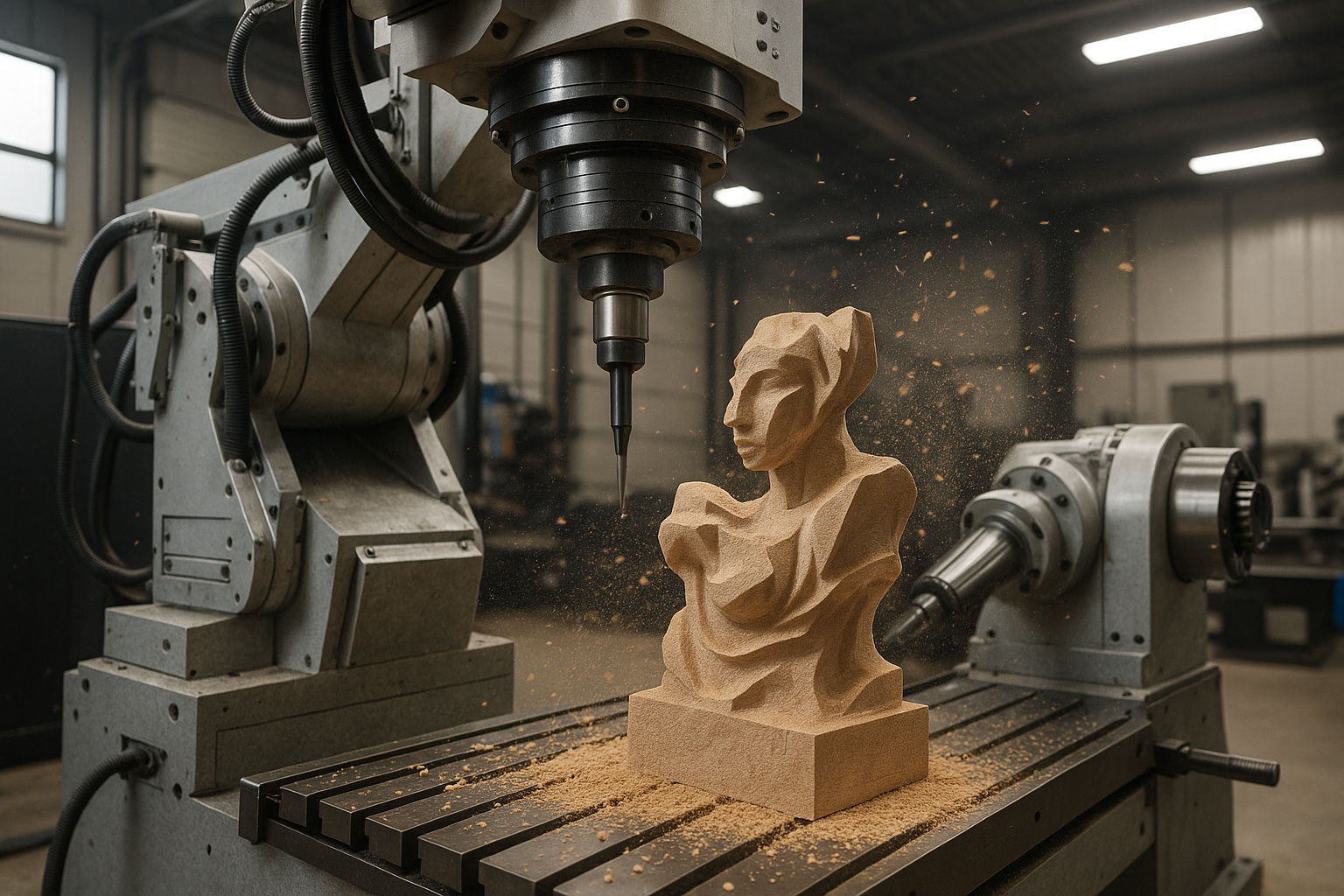 create an image 5 axis cncn while its cutting a sculpture